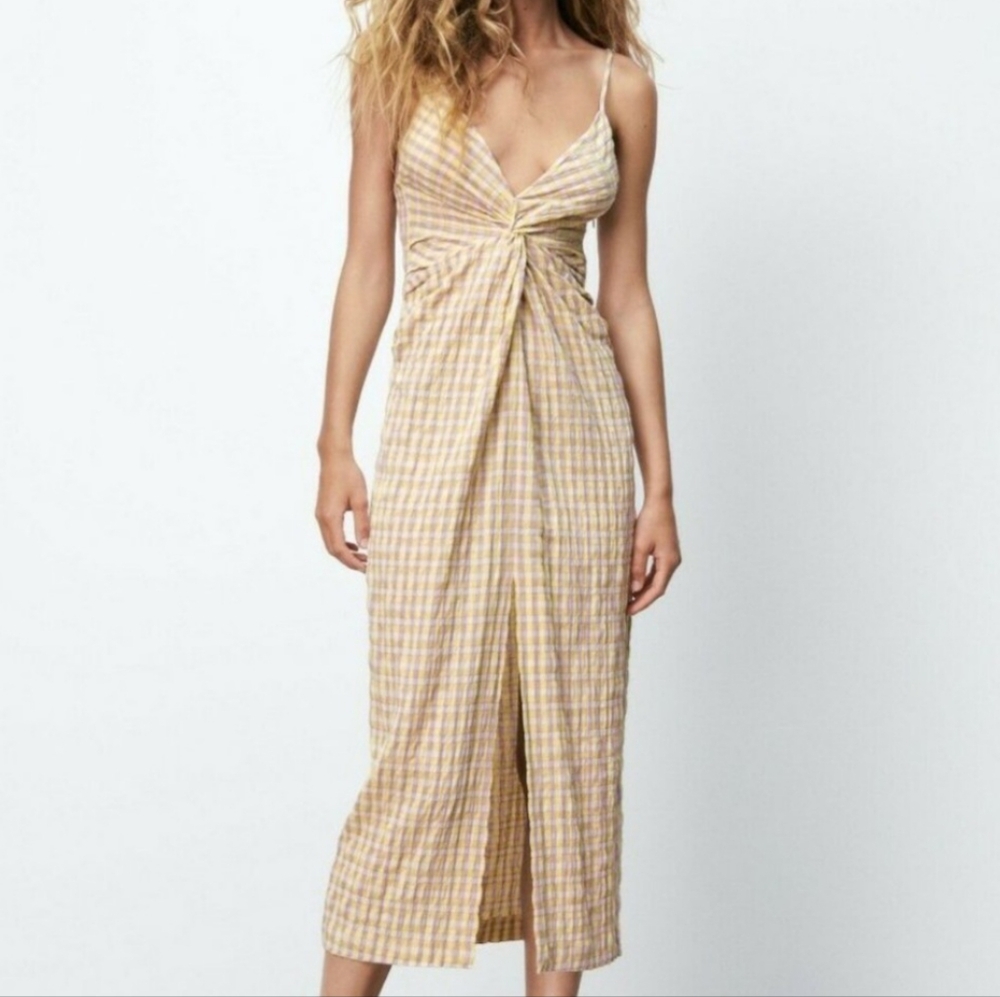 Zara Beige Check Midi Dress